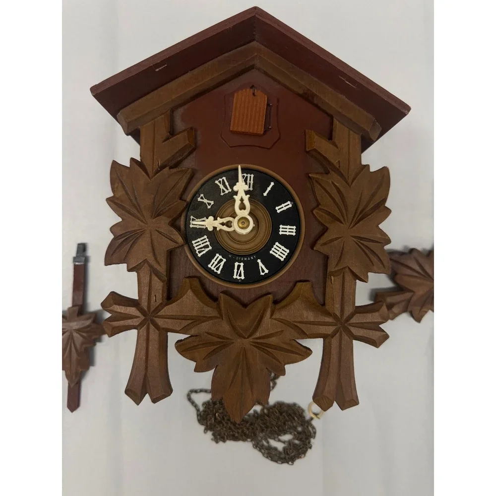 Vintage West Germany Cuckoo Clock Hand Carved Wood Black Forest Maple Leaf Bird